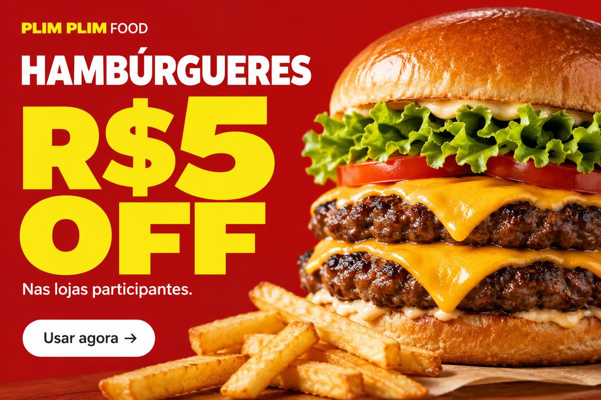 Hambúrgueres com R$5 OFF. R$ 5,00 de desconto. Usar agora.